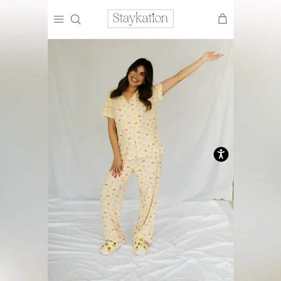 Staykation - Sold Out - Yellow Fruit Ribbed Cropped Pajama Set with Blue bows - Picture 1 of 4